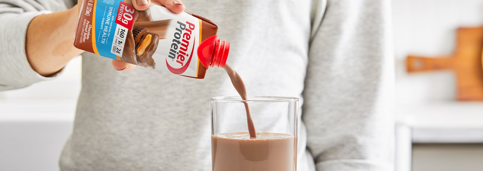 A photo of Premier Protein Chocolate Peanut Butter Protein Shake.